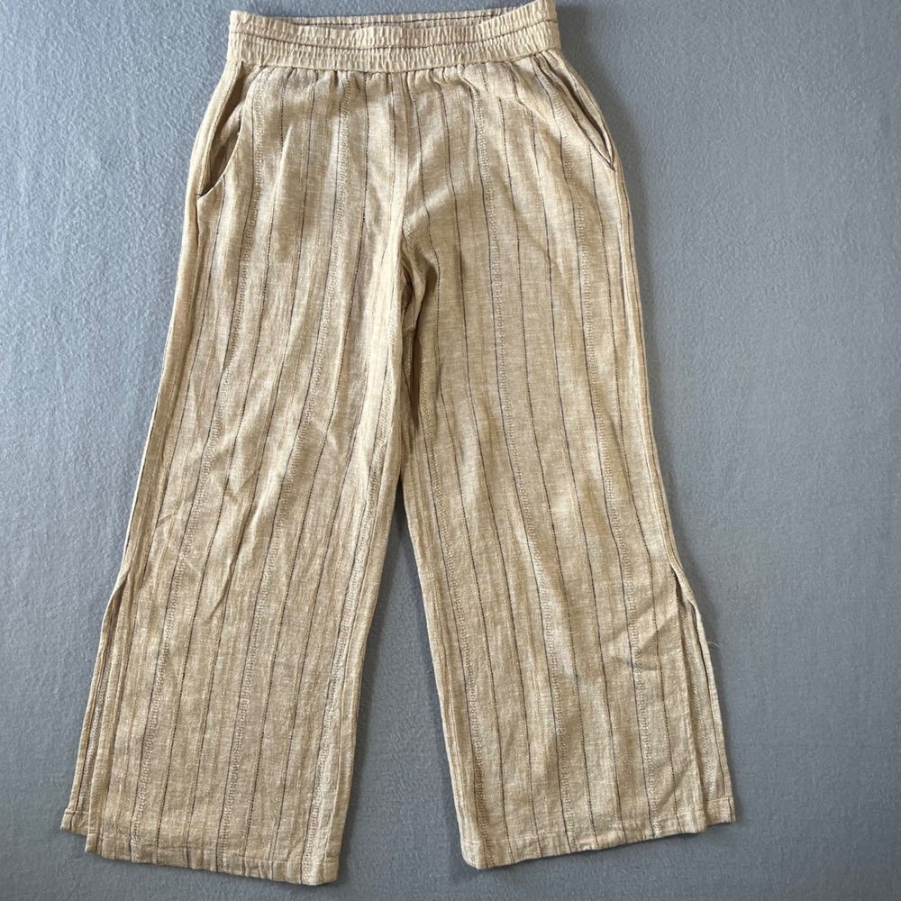 anthropologie Drew Striped Linen Blend Wide Leg Pants beachy Beige Side Slits M